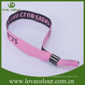 Promotional textile wristband woven fabric bangle with one time use plastic clip